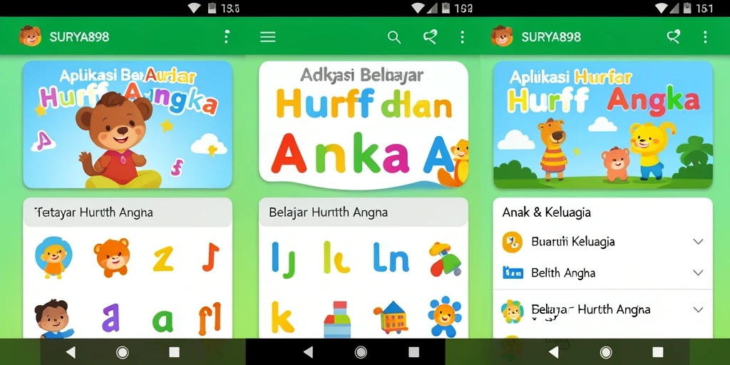 Tampilan antarmuka SURYA898 yang ramah anak untuk belajar huruf dan angka.